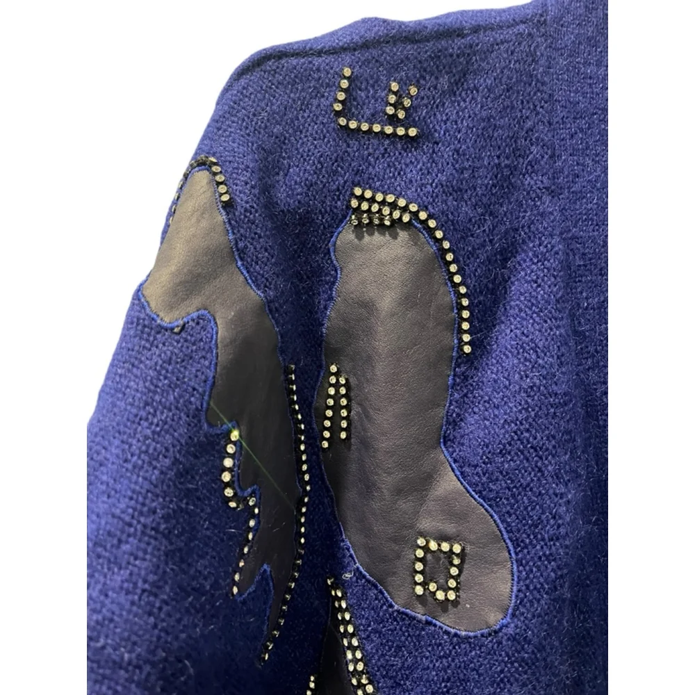 Vintage 80's Vasginie Italian Mohair Artisan Blue Cardigan Size Medium Applique - Picture 5 of 10